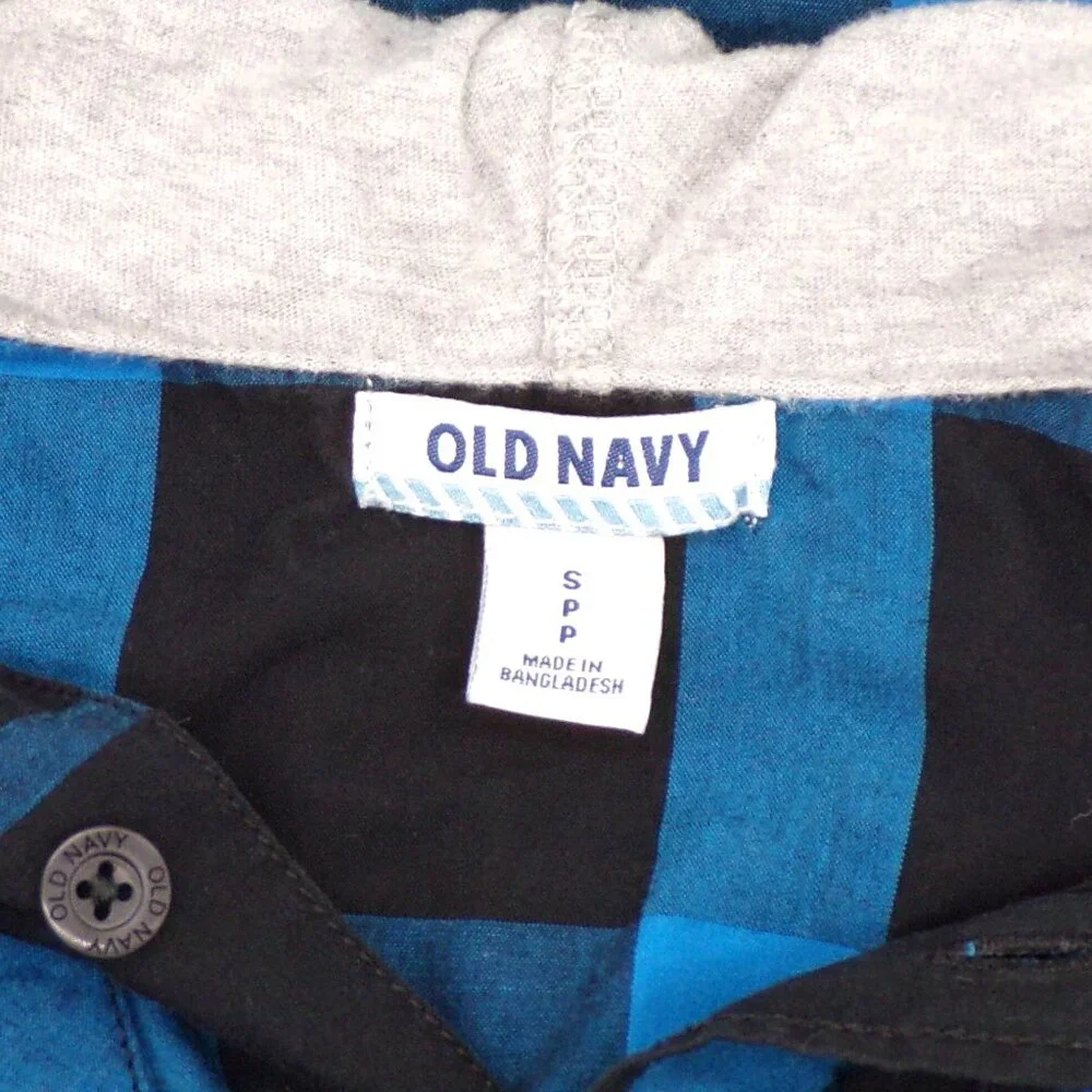 Old Navy Boys Plaid Button Up Shirt Hoodie Size Small Blue Black Pockets School